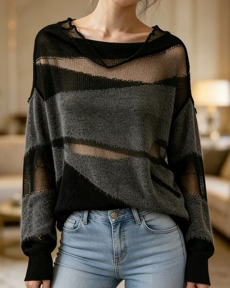 Contrast Color Sheer Long Sleeve Sweater Pullover