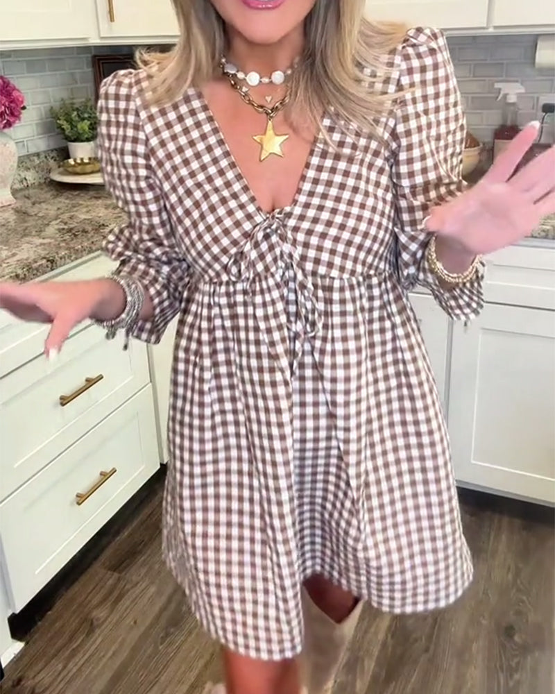 Deep V Retro Plaid Dress