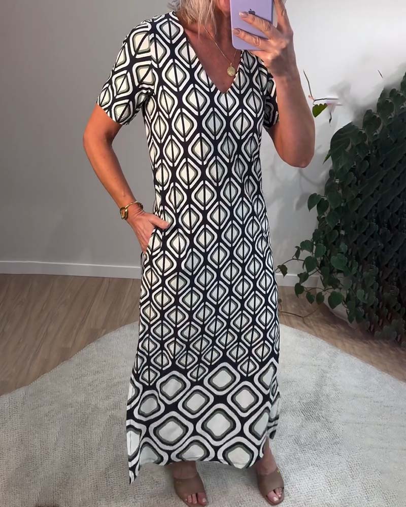 V-Neck Geometric Short-Sleeved Dress