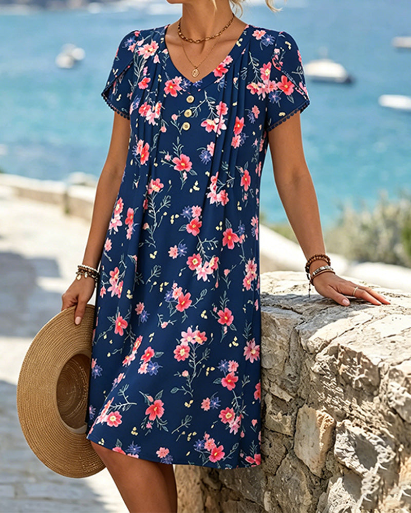 V Neck Floral Short Sleeve Dress