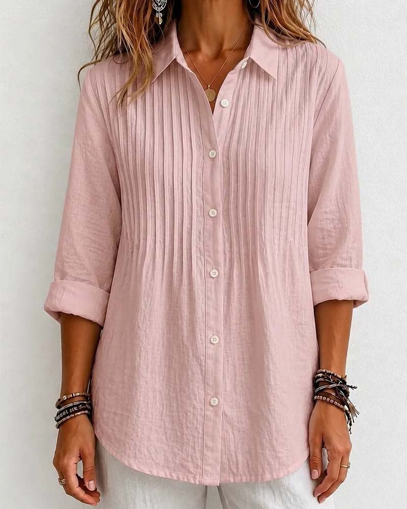 V Neck Shirred Button Long Sleeve Shirt