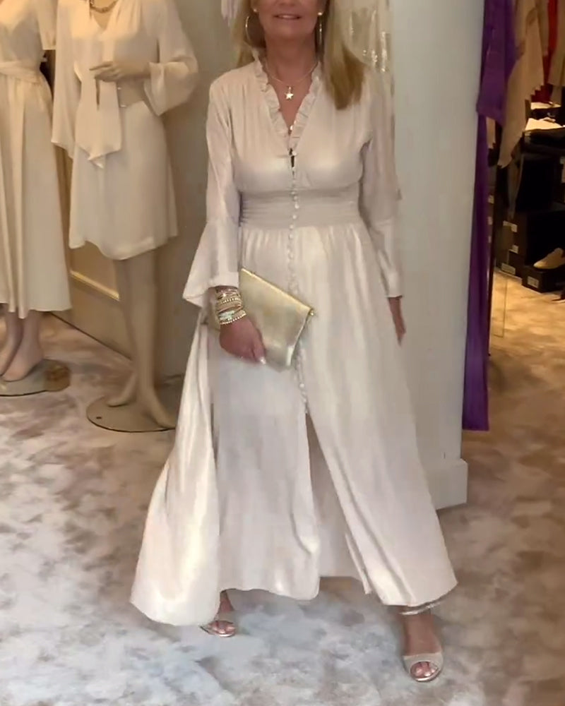 Lace collar buttoned waist long dress