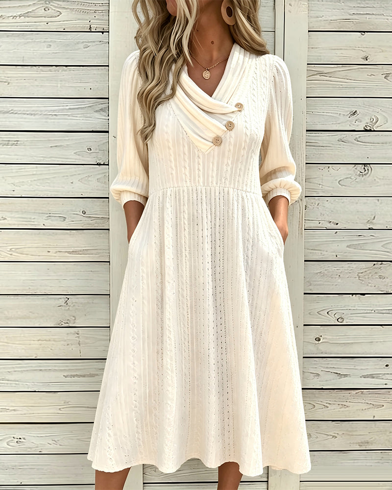 Pile Collar Puff Sleeve Button Dress