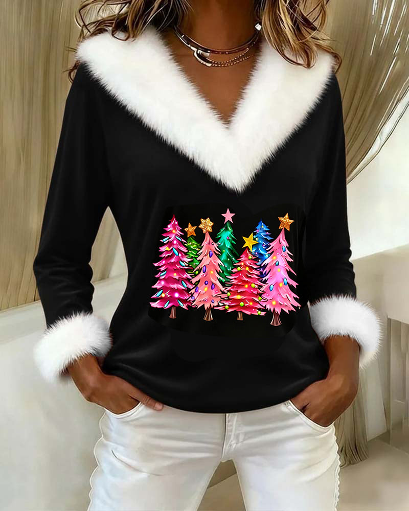 V-Neck Plush Christmas Tree Print Top