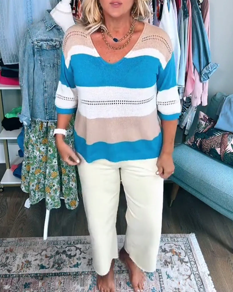 V-Neck Color Block Loose Sweater