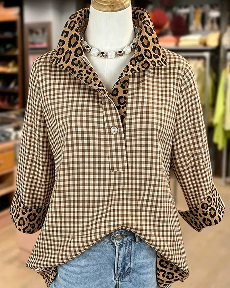Lapel Leopard Patchwork Plaid Blouse