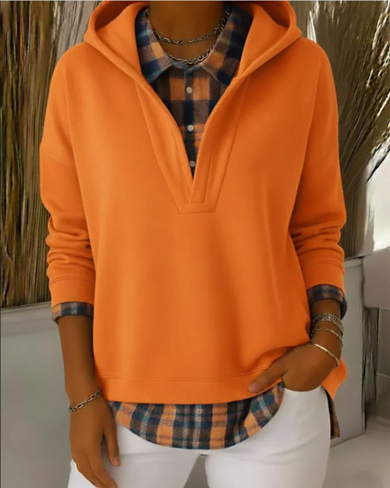 Faux Two-Piece Plaid Patchwork Hoodie