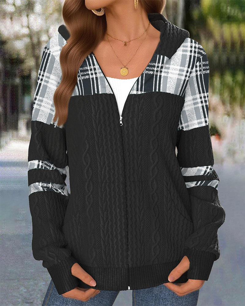 Hooded Fashion Zipper Plaid Coat