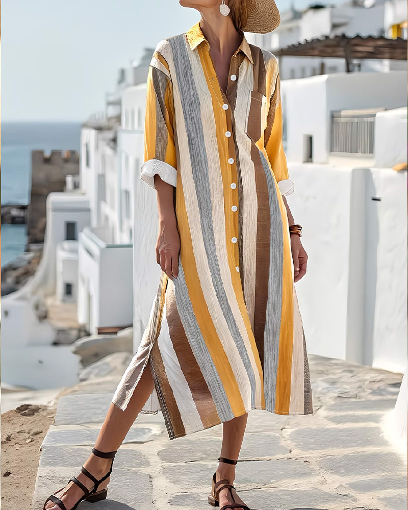 Casual Striped Lapel Midi Dress