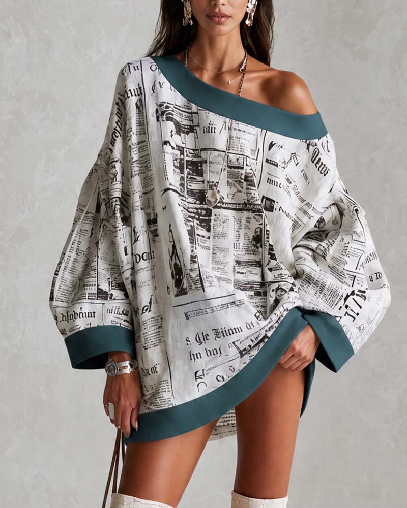 Off-Shoulder Batwing Sleeve Print Dress