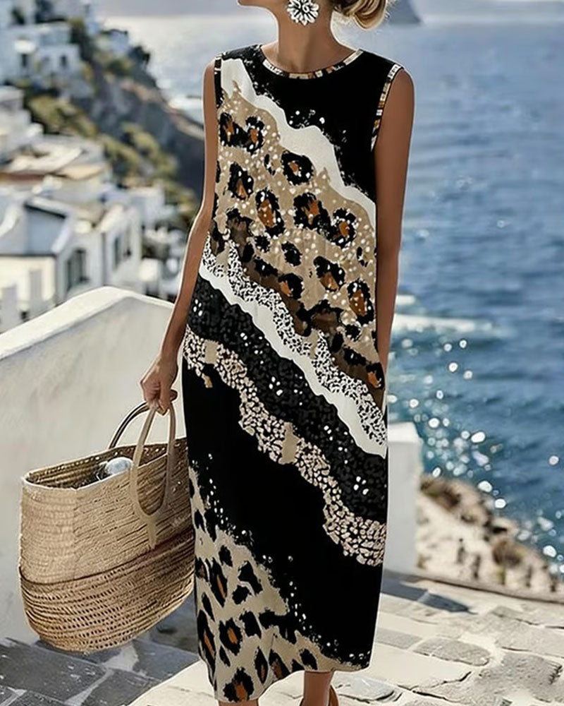 Leopard-Print Patchwork Sleeveless Maxi Dress