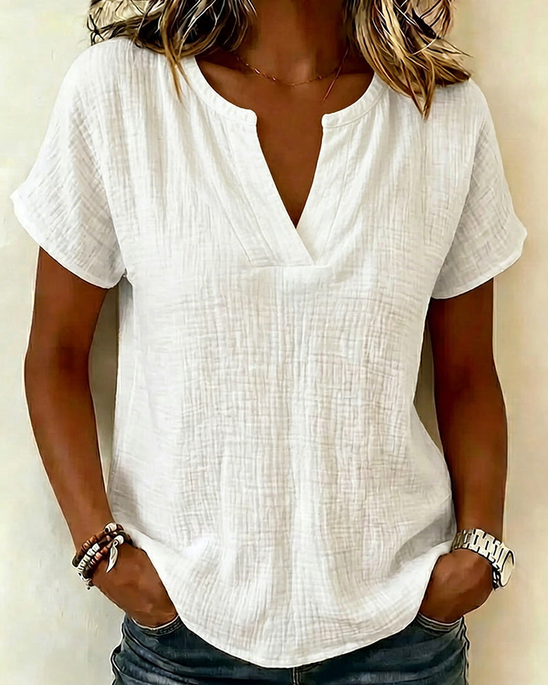V-Neck Solid Color Short-Sleeved Blouse