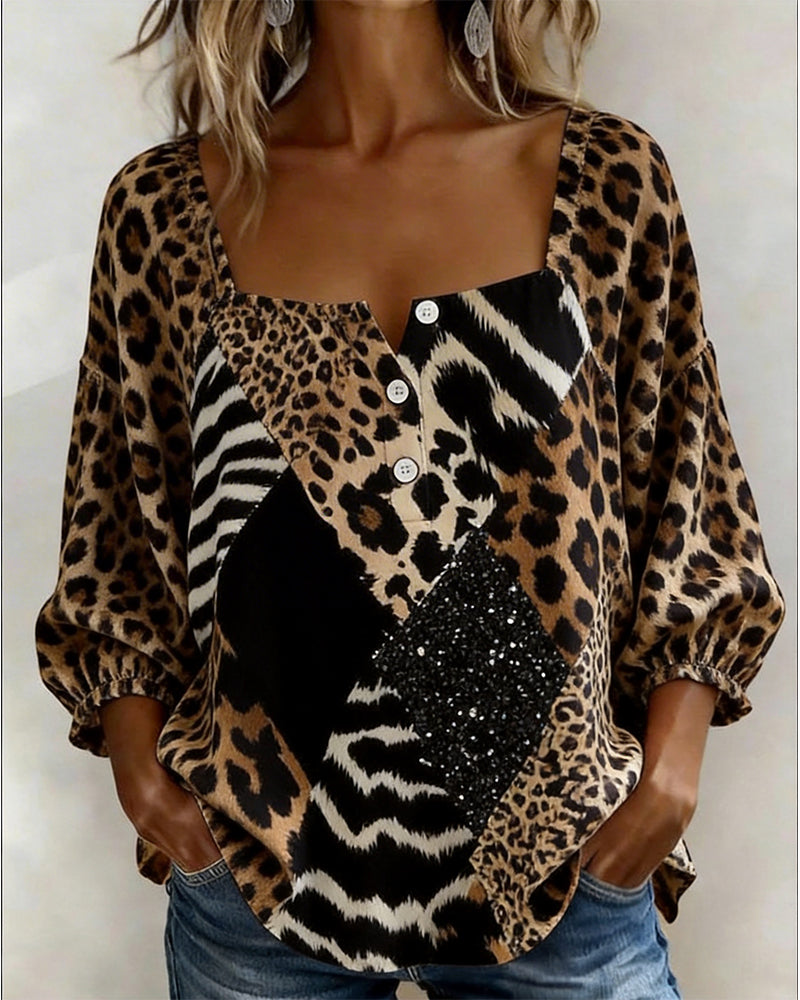 Square Neck Leopard Print Patchwork Sequin Blouse
