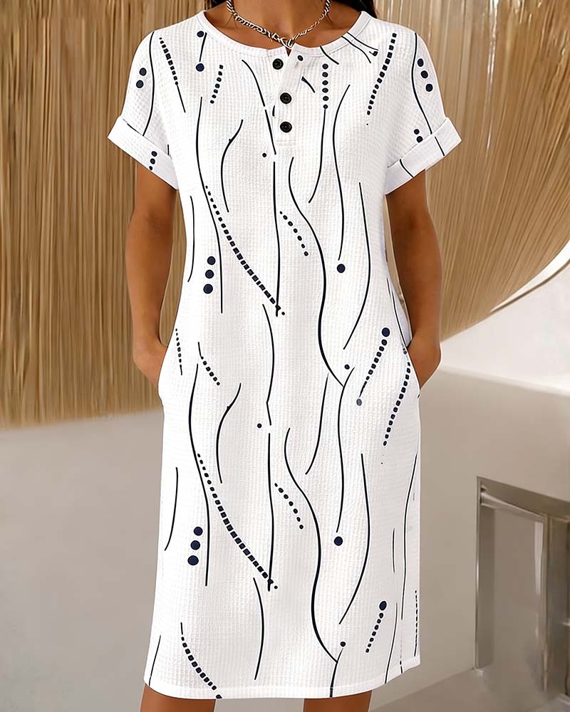 Crew Neck Button Line Waffle Dress