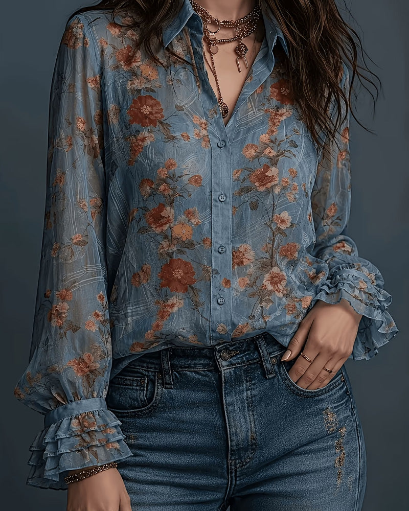 Floral Ruffle Lapel Blouse
