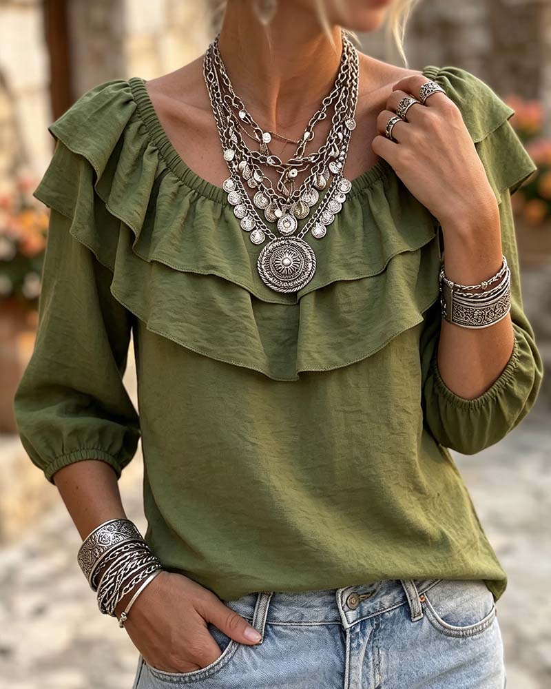 Double Layer Ruffle Three-Quarter Sleeve Blouse