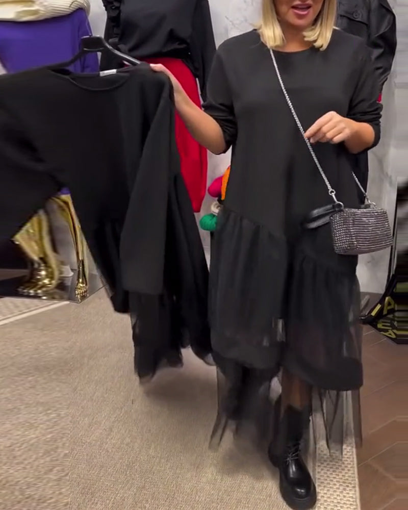 Loose Solid Color Mesh Patchwork Dress