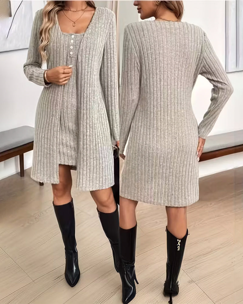 Ribbed Cardigan Vest Dress Set