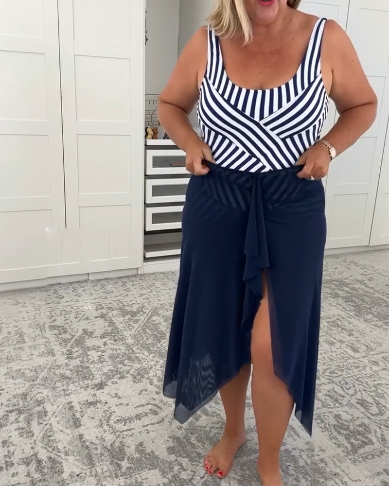 U-Neck Striped One-Piece Swimwear Set