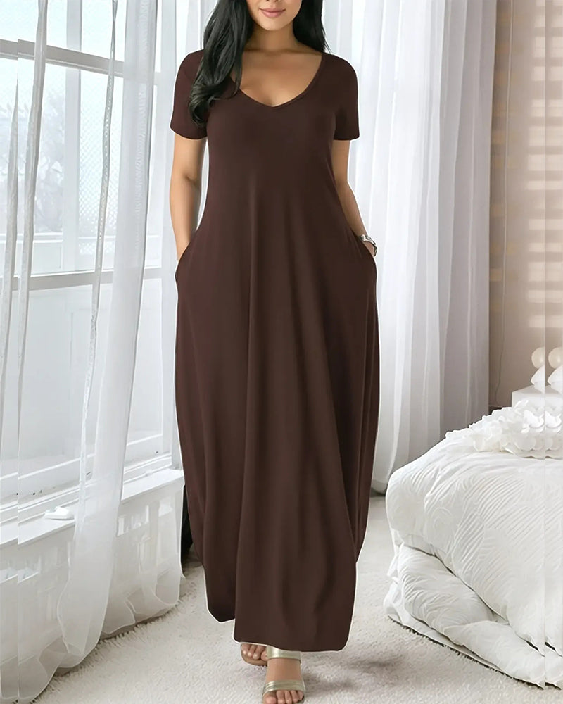 Solid-Color V-Neck Short-Sleeve Maxi Dress