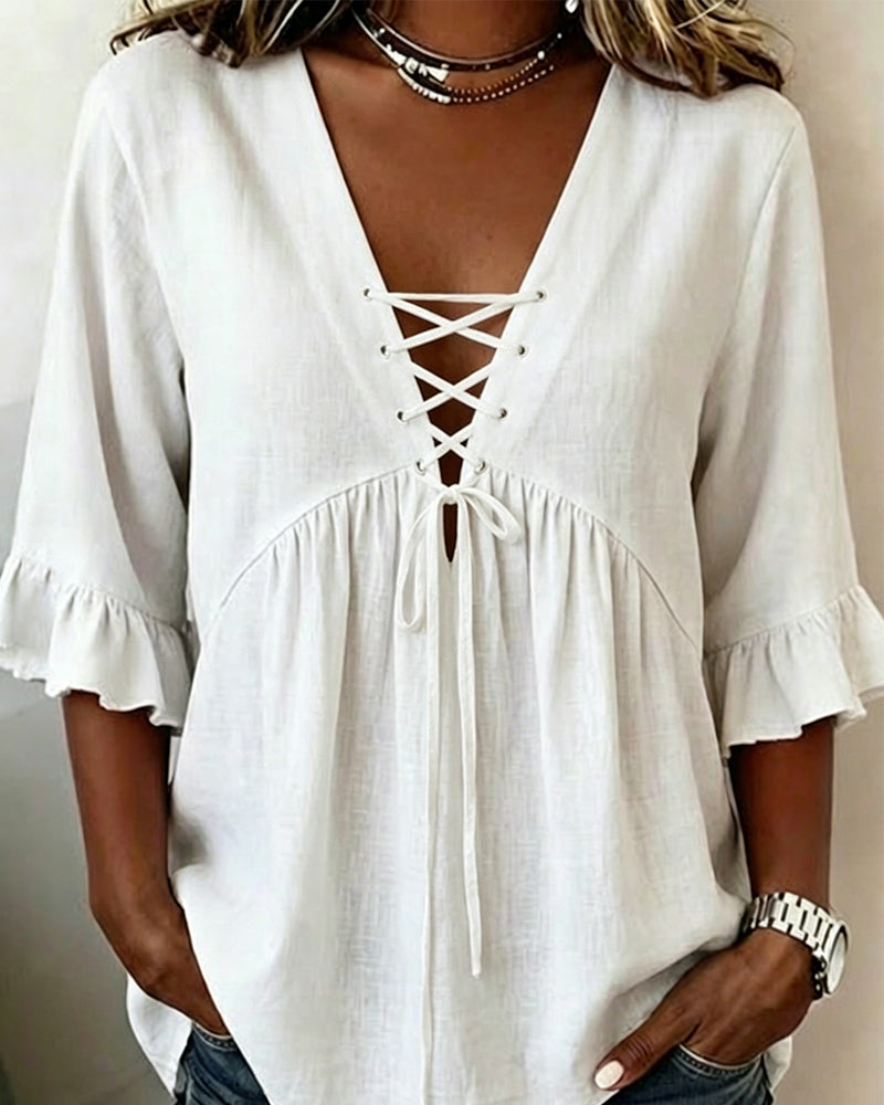 Solid V-Neck Ruffle Blouse