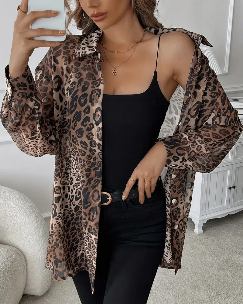 Lapel Leopard Print Long-Sleeved Shirt