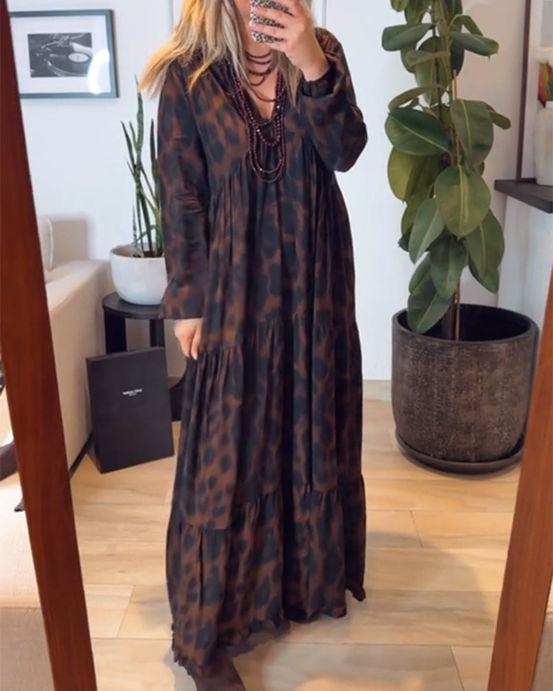 V-Neck Leopard Print Fashion Maxi Dress
