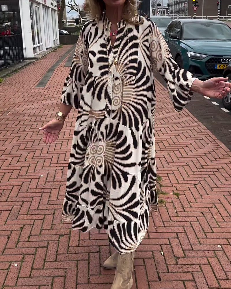 Printed V neck Flare Sleeve dress