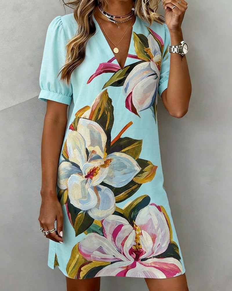 Large Floral Print V-Neck Dress