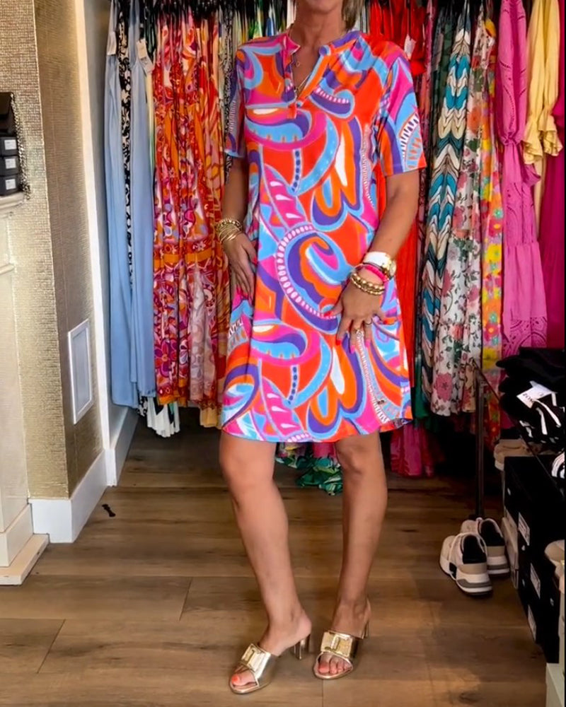 Colorful printed pocket V-neck dress