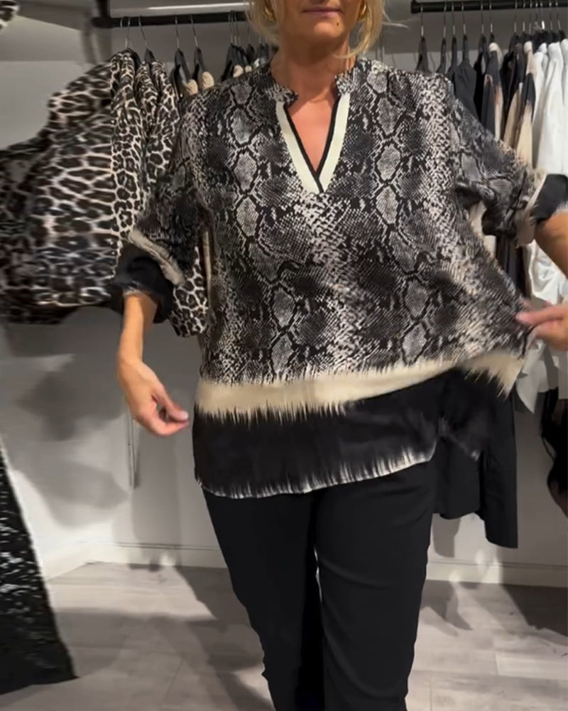 V-neck snake print colorblock blouse