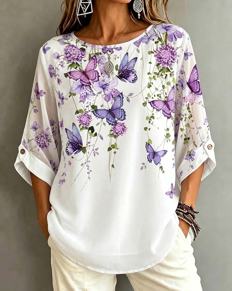 Crew Neck Butterfly Floral Blouse