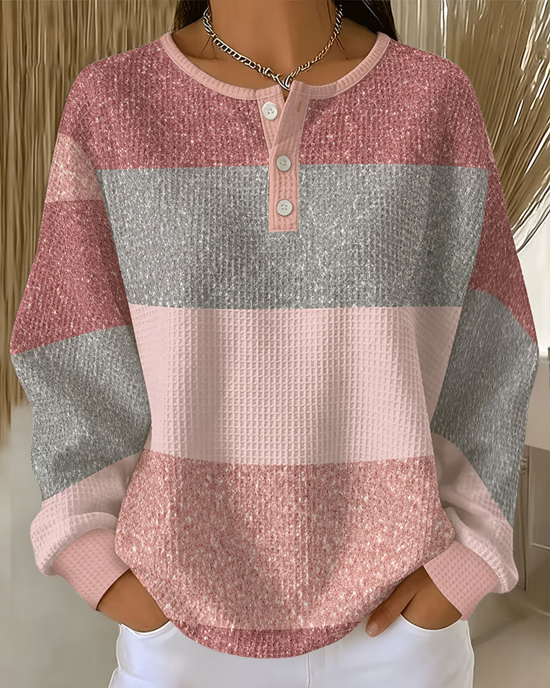 Button Crew Neck Color Block Sweatshirt