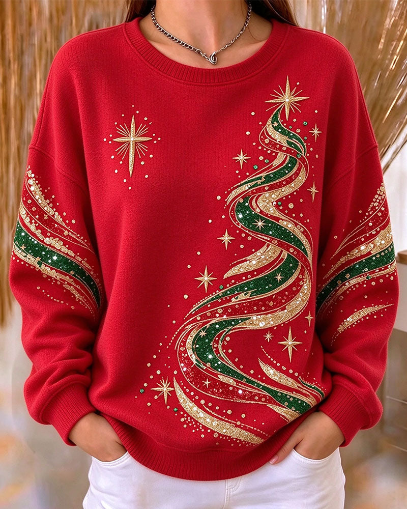 Christmas Tree Print Long Sleeve Loose Sweatshirt