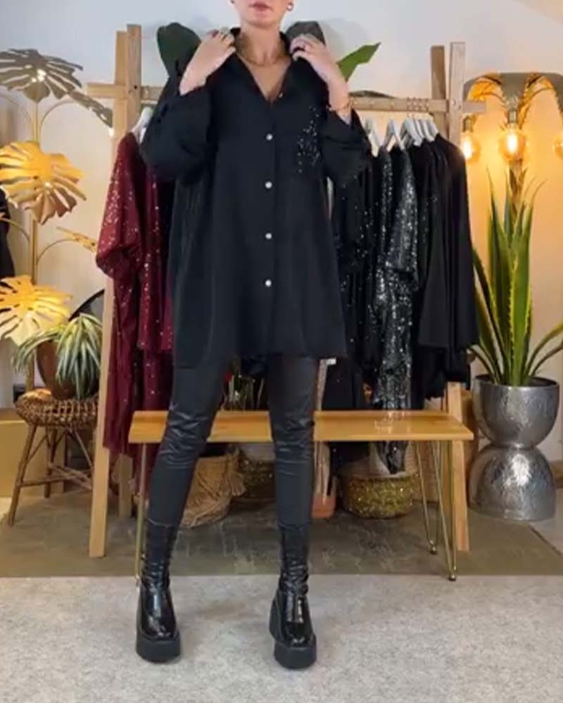 Casual Loose Temperament Pocket Sequin Shirt