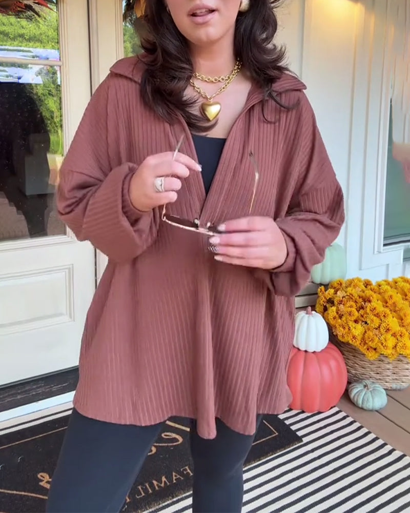 Casual Solid Color V-Neck Loose Long-Sleeved T-Shirt