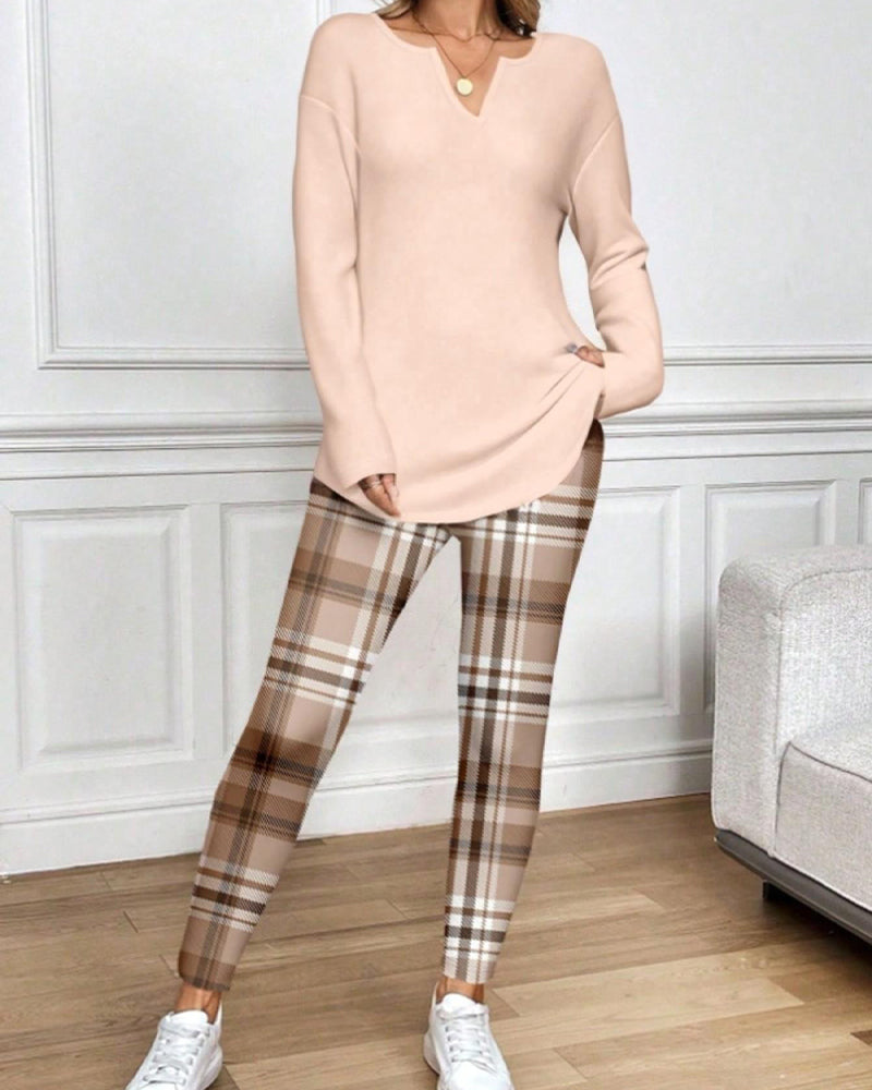 V-Neck Solid Top + Plaid Pants Loungewear Set