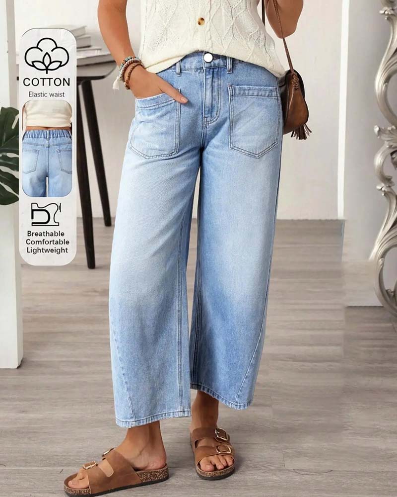 Denim Elastic Waist Wide-Leg Cropped Jeans