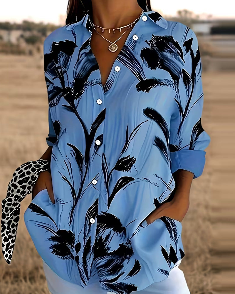 Ink Wash Floral Print Long-Sleeved Shirt