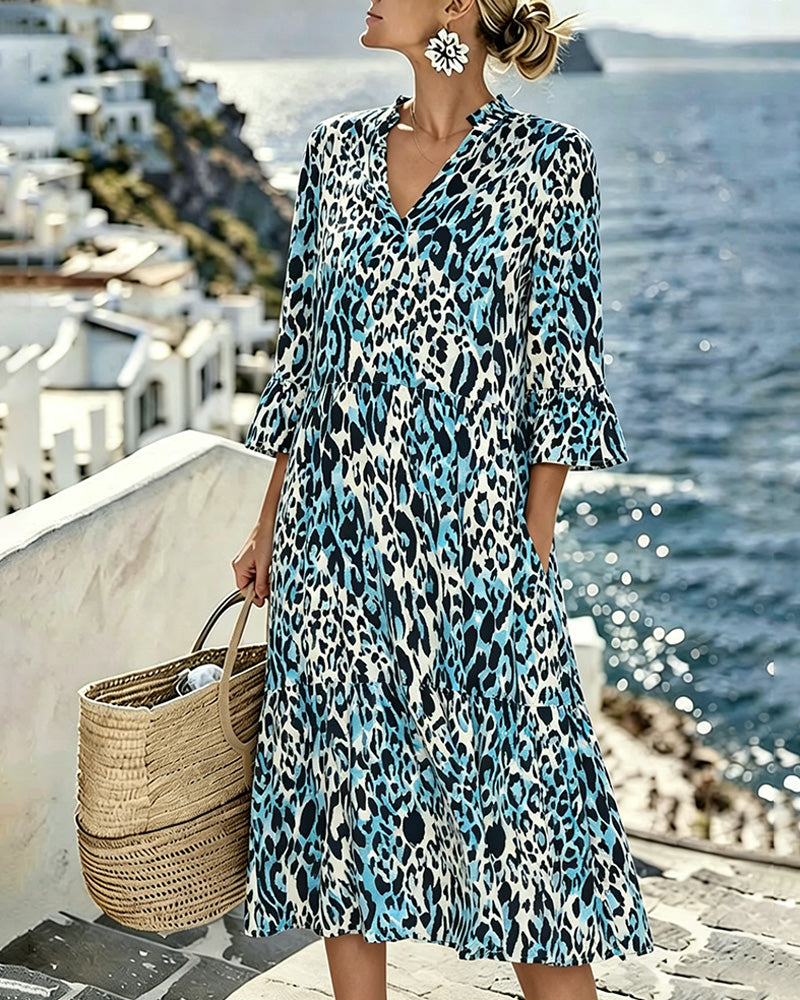Ruffle Gradient V-Neck Leopard Dress