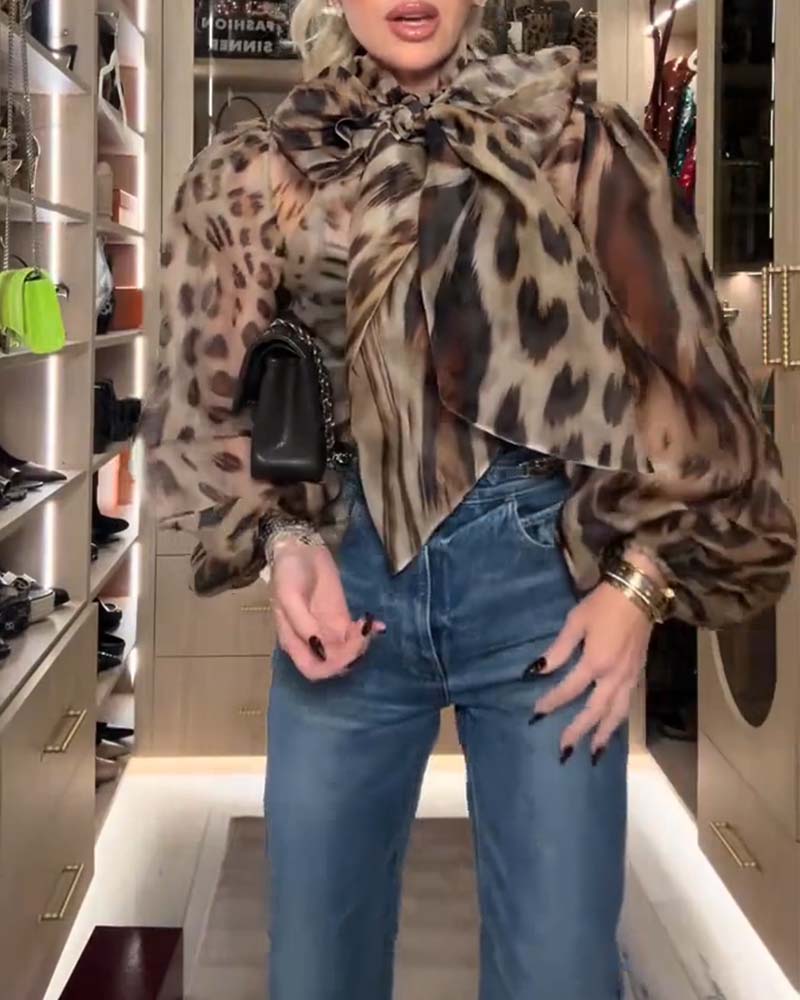 Leopard Print Fashion Ribbon Blouse