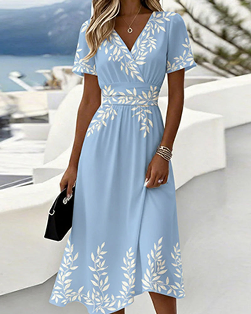 V-Neck Print Waist-Cinching A-Line Dress