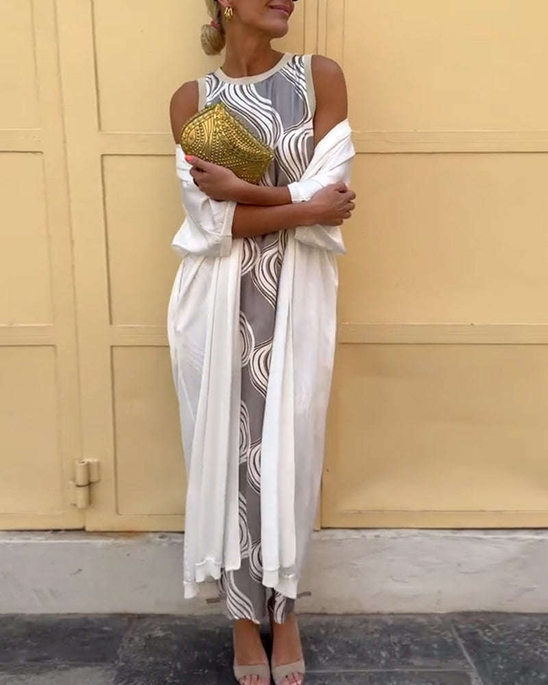 Coat Vest Fashion Print Dress Two Piece Set