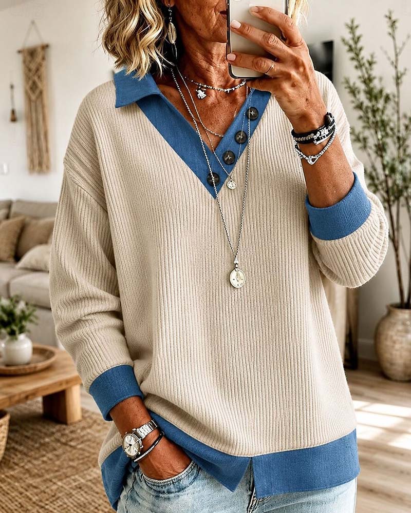 Color-Block V-Neck Casual Top