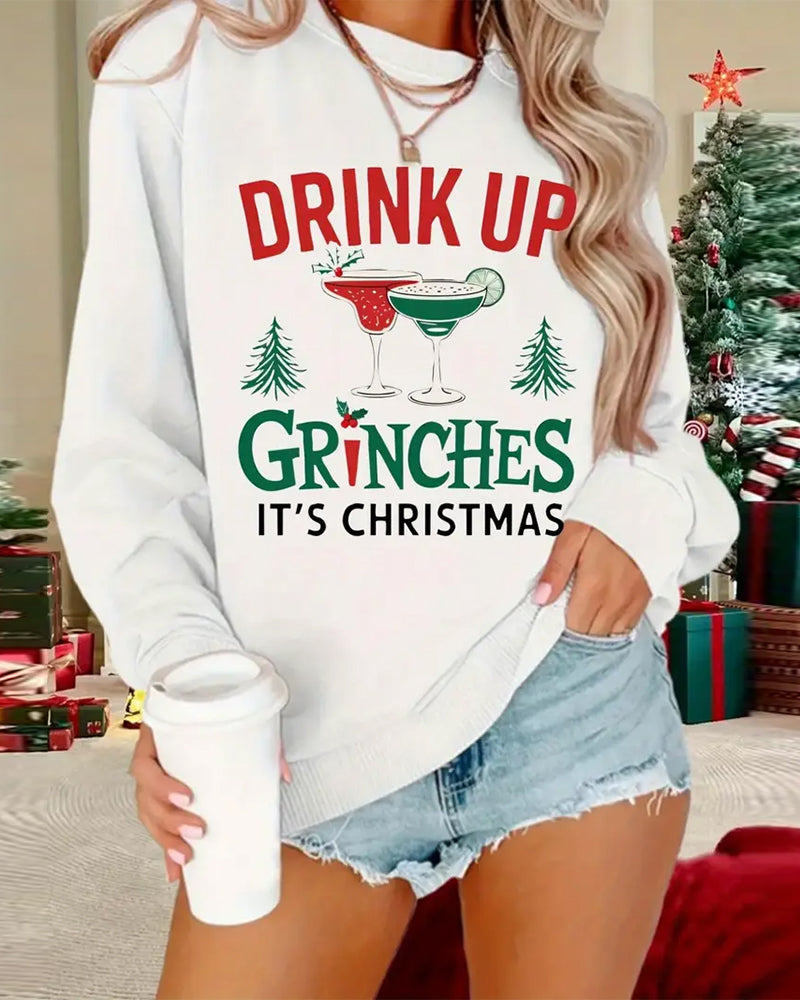 Wine Glass Printed Round Neck Sweatshirt