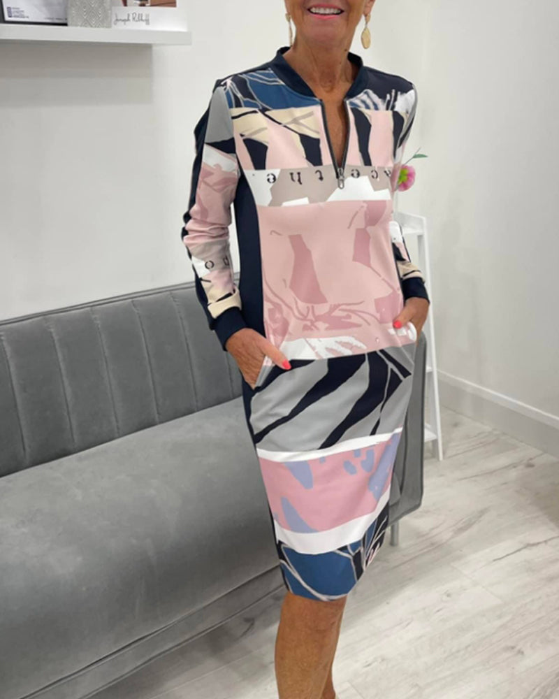 Zippered long sleeve pocket color block dress