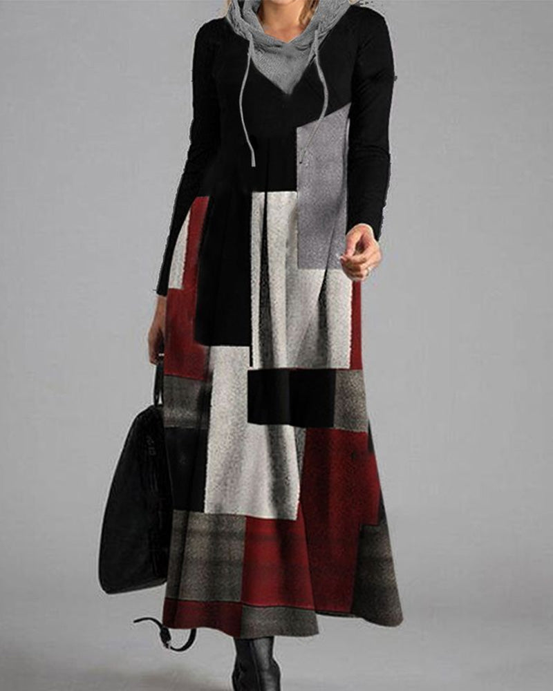 Color Block Hooded Long-Sleeved Dress