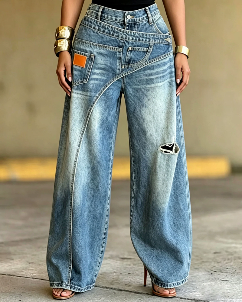 Irregular Ripped Denim Long Pants