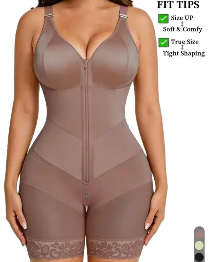 Women's Zip-Up Lace Tummy Control Shapewear Bodysuit