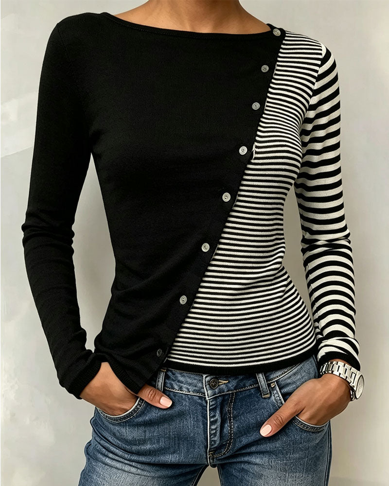 Contrast Striped Button Patchwork T-Shirt